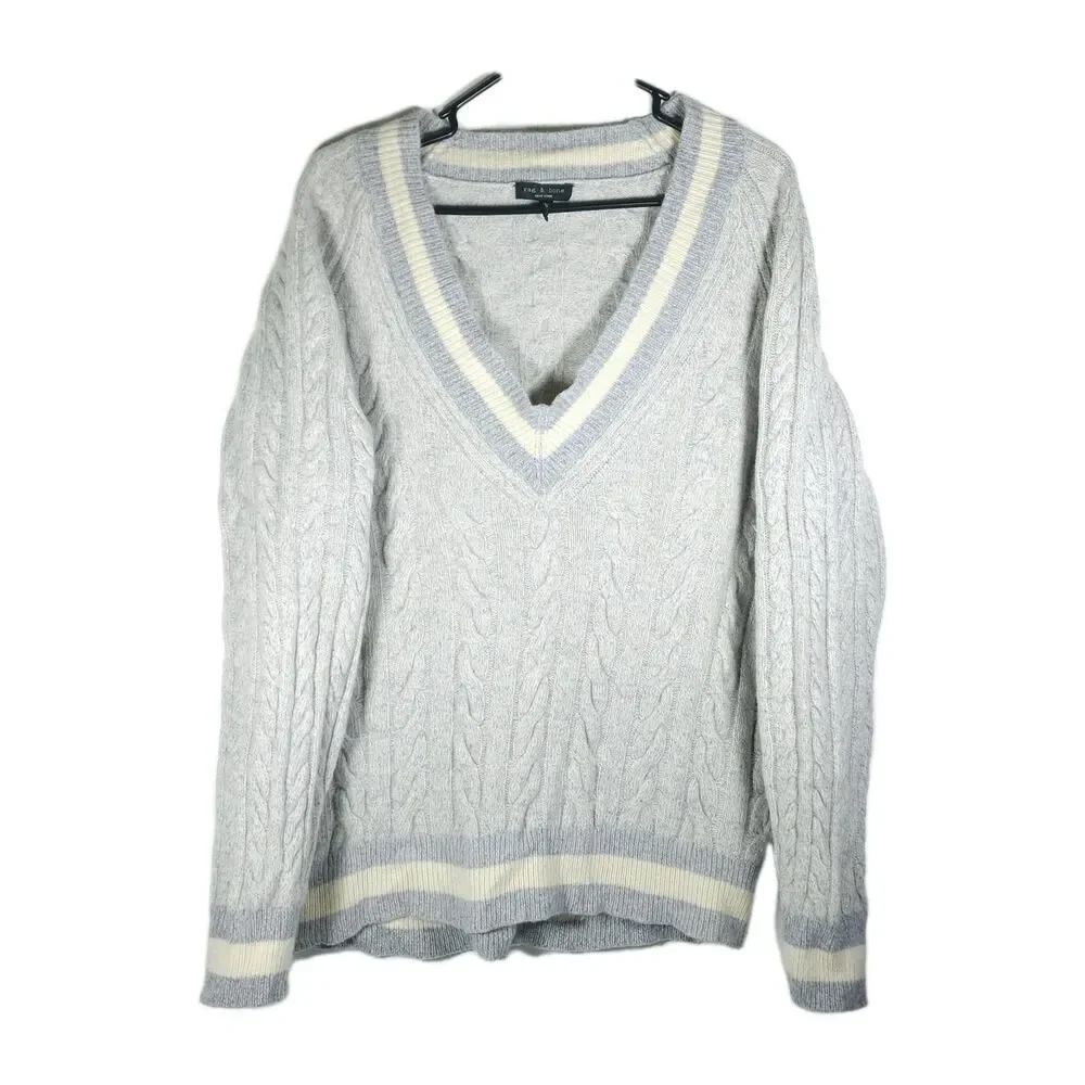 Rag & Bone Women's Theon Size L Gray Merino Wool Cable Knit V Neck Sweater